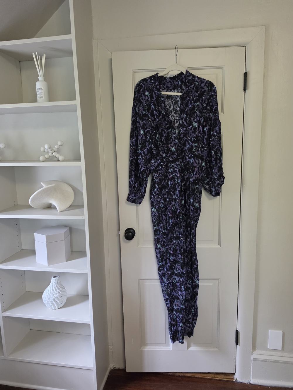 Long Sleeve Purple Floral Midi Dress with Tie Waist